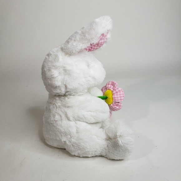 New Concepts Plush White Easter Bunny Rabbit Pink Gingham Flower Clean - Picture 2 of 10